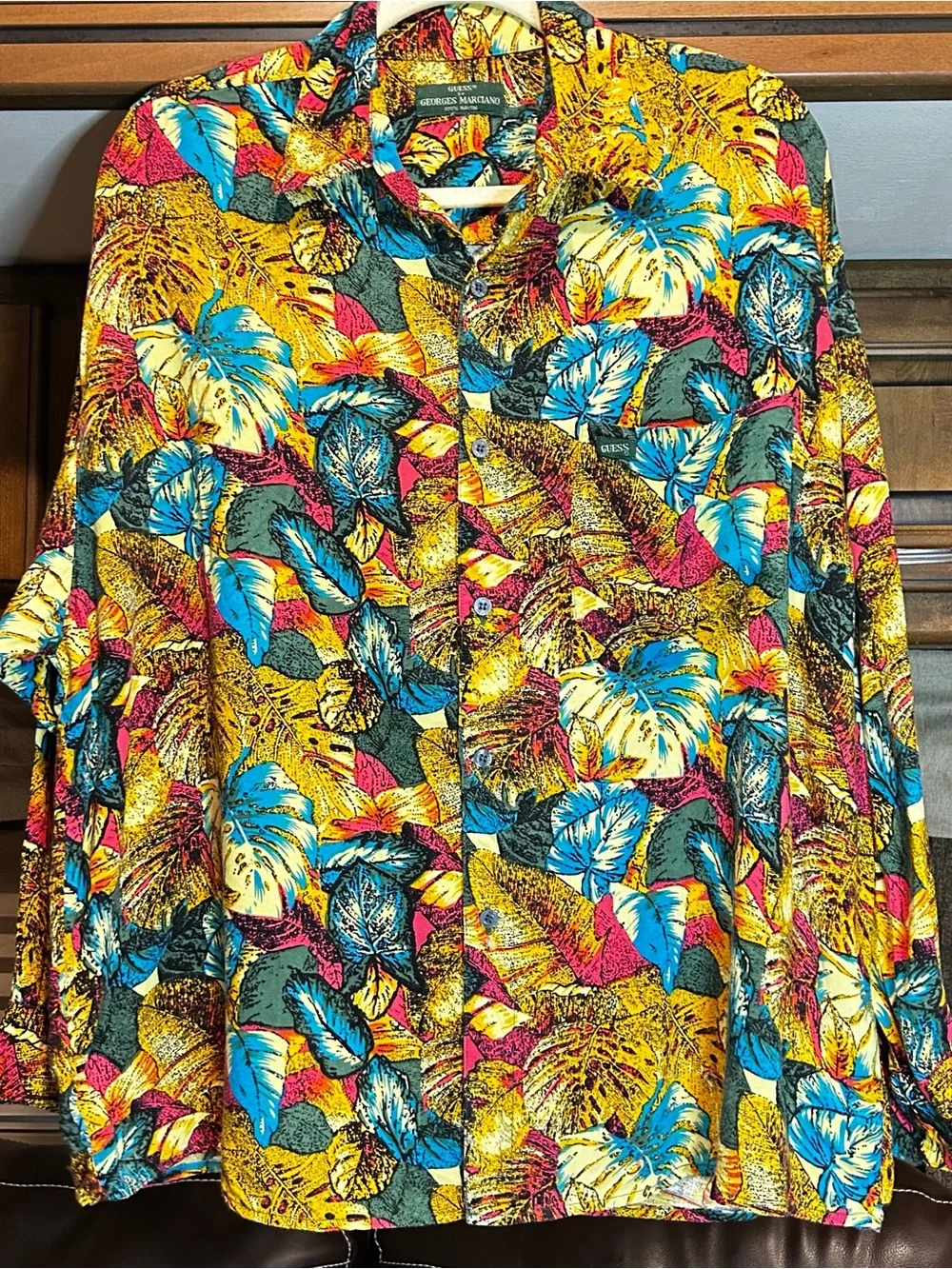Vintage 90s Guess by Georges Marciano Rayon Hawaiian Shirt Tropical Leaf Print L